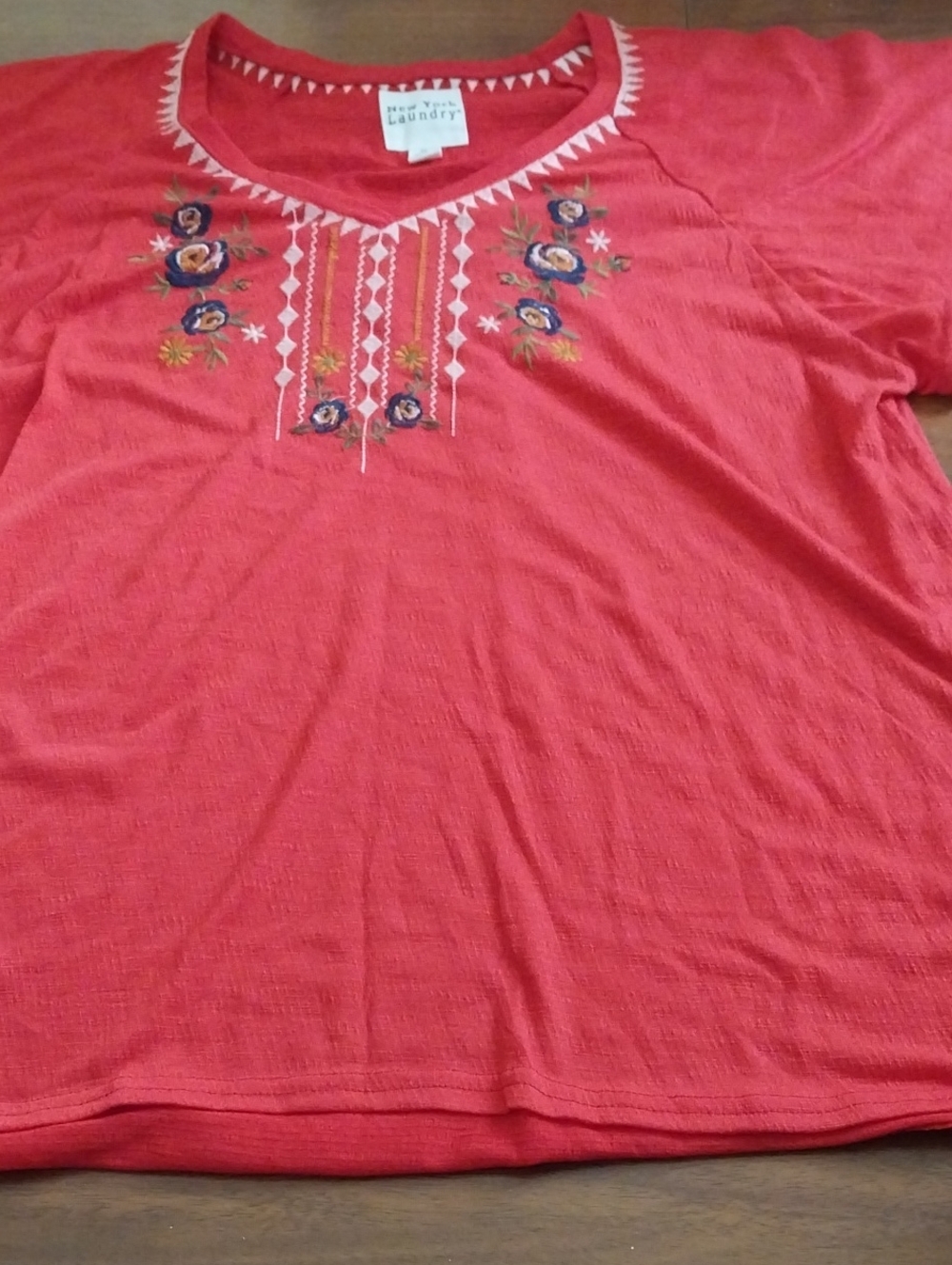 New York & Company Coral Embroidered V-Neck Tunic Top